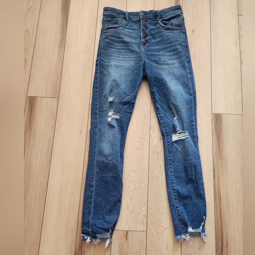 Abercrombie & Fitch Distressed High Rise Super Skinny Ankle Jeans - Dark Blue